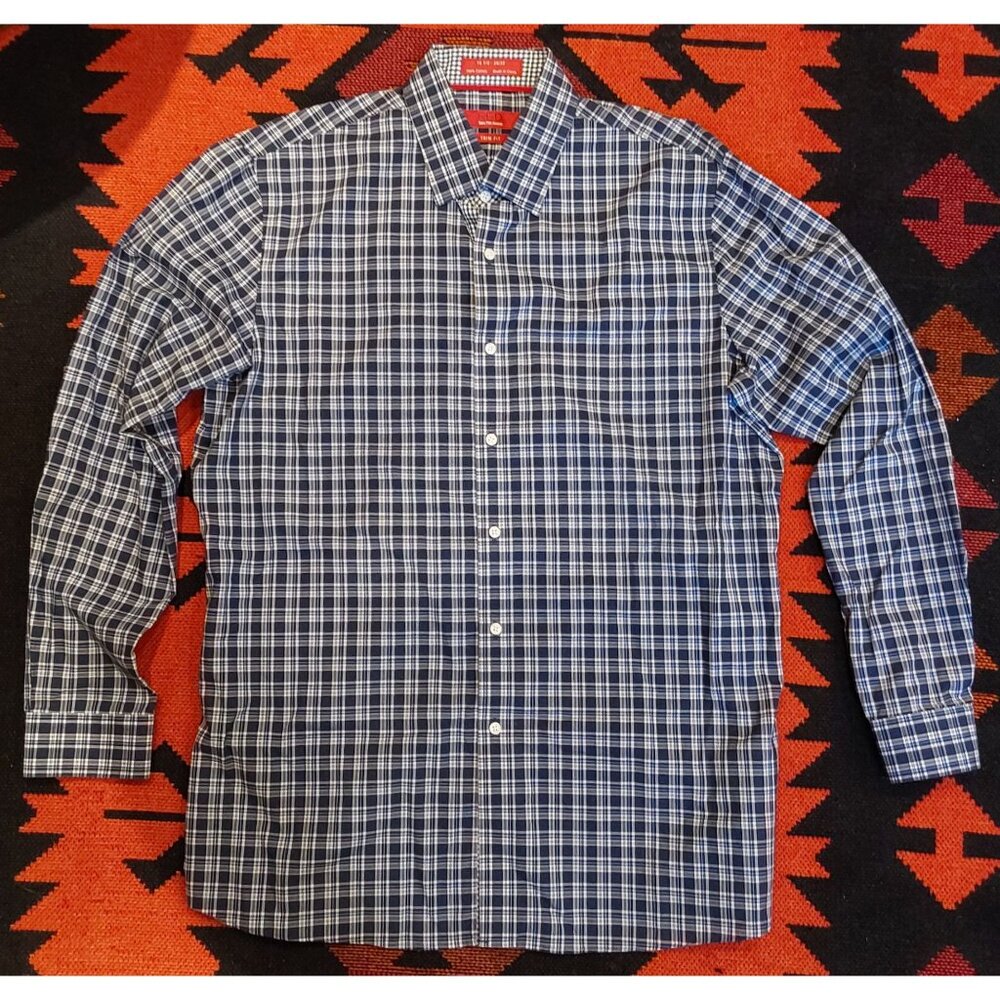 Red Saks Fifth Avenue Men's Blue Plaid Cotton Buttondown Shirt. 16 1/2, 34/35